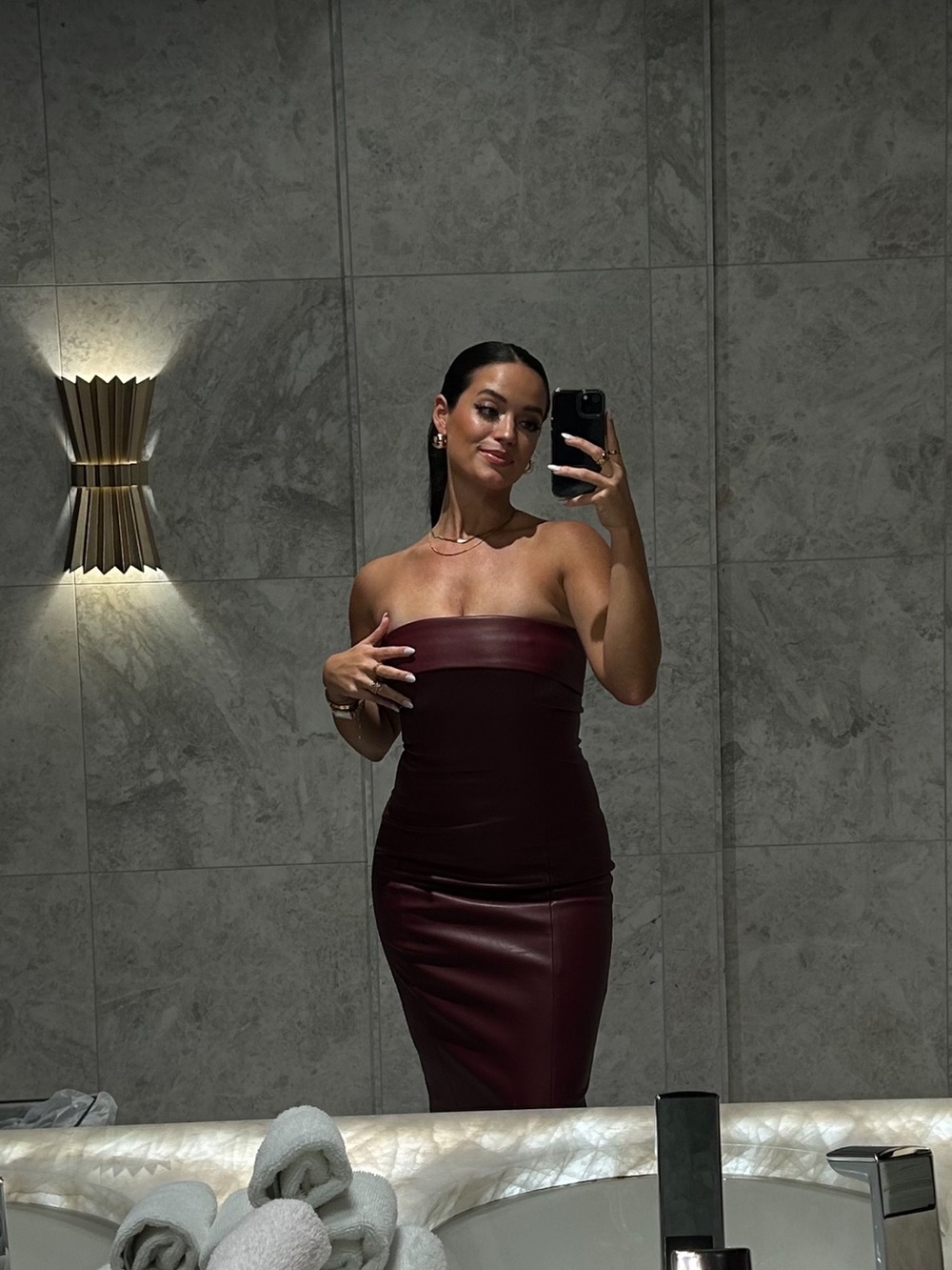 Strapless Faux-Leather Bodycon Dress in Burgundy